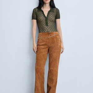 MNG Mango Goat Leather Pants Flare Leg Size 36 (US S/M) Carmel